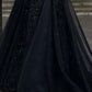 A-Line/Princess V-Neck Long Sleeves Floor-Length Evening Dresses With Appliques Black