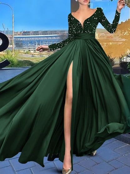 A-Line/Princess Court Train Long Sleeve V Neck Evening Dresses With Sequin Sparkly