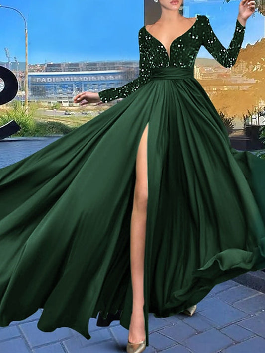 A-Line/Princess Court Train Long Sleeve V Neck Evening Dresses With Sequin Sparkly