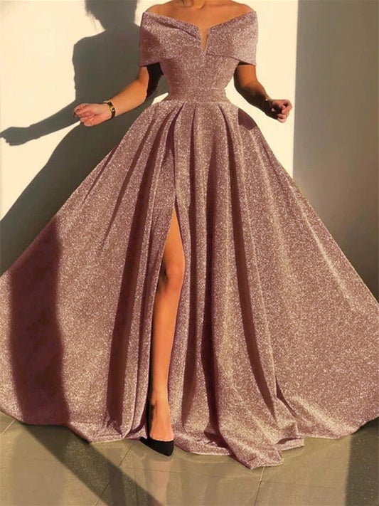 A-Line/Princess Off-The-Shoulder Court Train Evening Dresses With Sequin Sexy