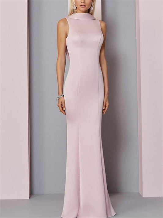 Sheath/Column Sleeveless High Neck Floor-Length Evening Dresses With Pleats Open Back