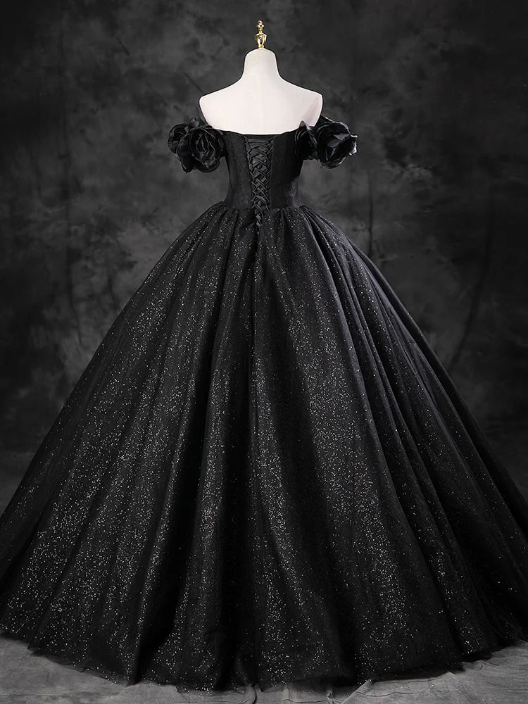 A-line Off Shoulder Tulle Long Prom Dress Black