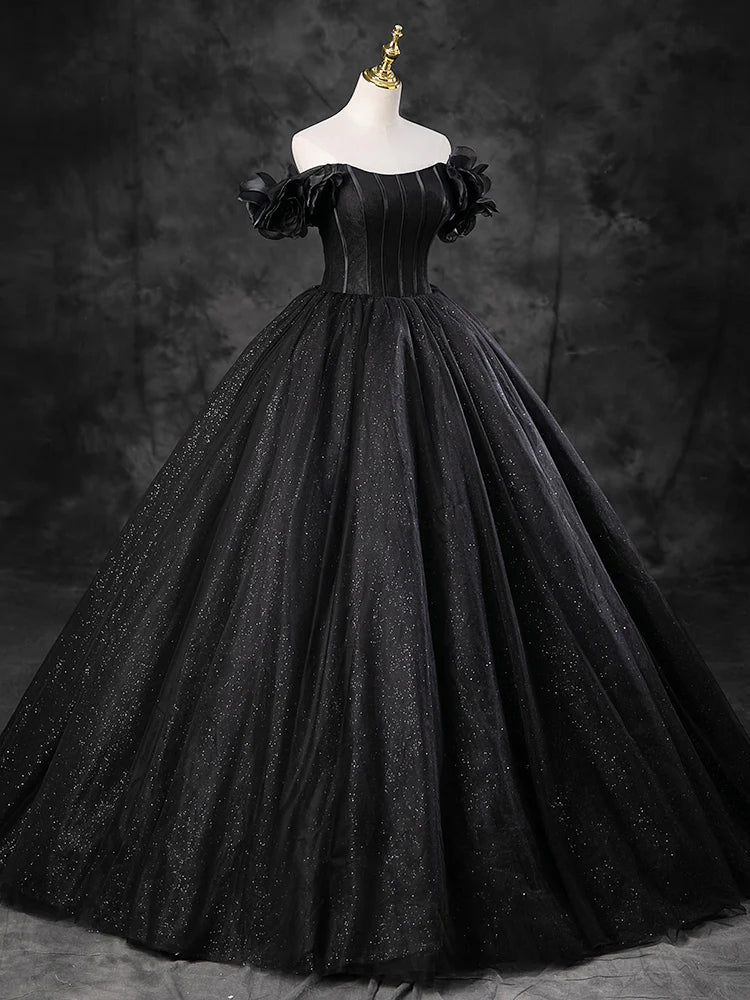 A-line Off Shoulder Tulle Long Prom Dress Black