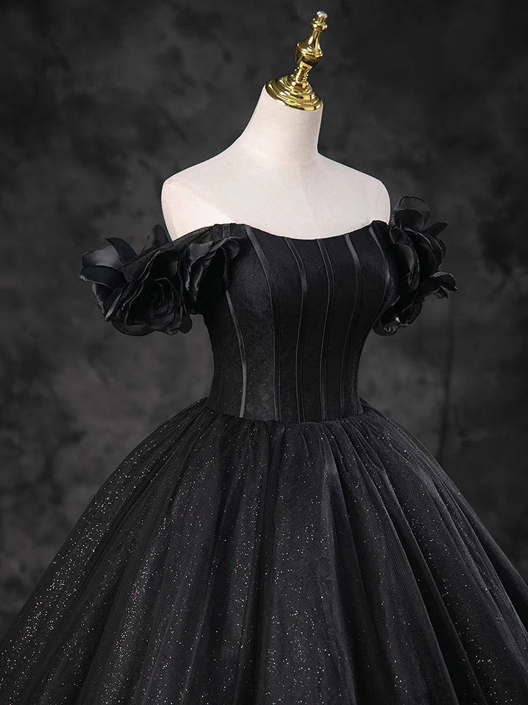 A-line Off Shoulder Tulle Long Prom Dress Black