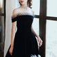 Cute Velvet A-Line Tea Length Prom Dresses Black Party Dresses Off Shoulder