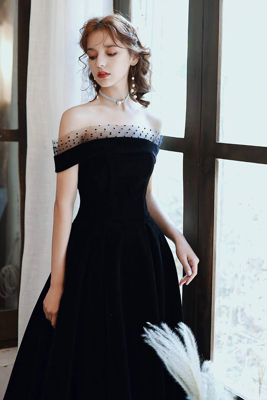 Cute Velvet A-Line Tea Length Prom Dresses Black Party Dresses Off Shoulder