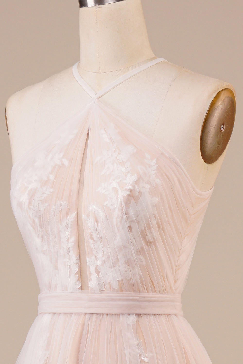 A Line Halter Sweep Train Tulle Wedding Dress with Lace Ivory Champagne