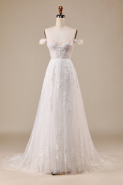 Ivory A Line Detachable Off the Shoulder Corset Tulle Wedding Dress Long