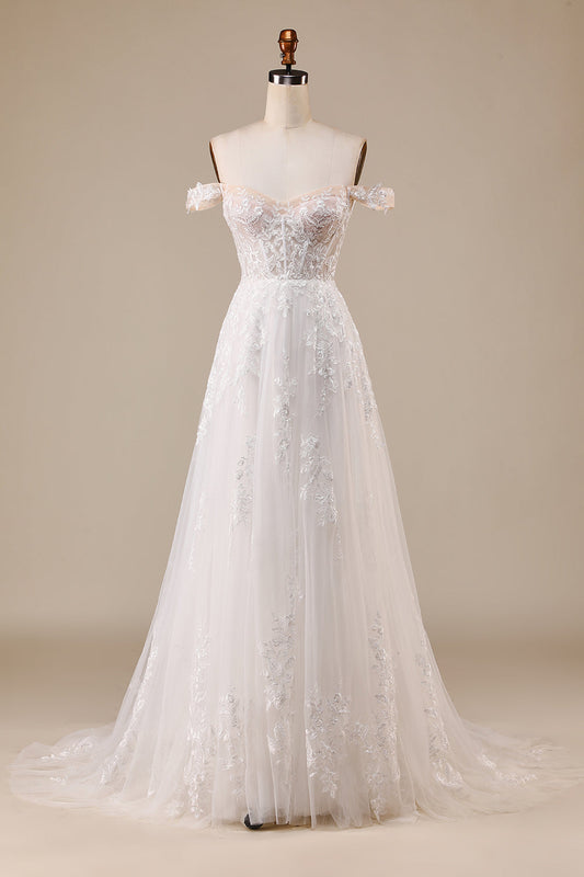 Ivory A Line Detachable Off the Shoulder Corset Tulle Wedding Dress Long