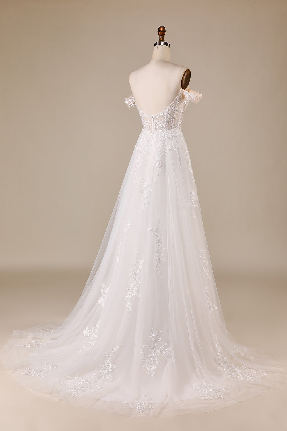 Ivory A Line Detachable Off the Shoulder Corset Tulle Wedding Dress Long