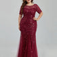 Mermaid / Trumpet Evening Gown Empire Dress Homecoming Floor Length Short Sleeve Jewel Neck Tulle Plus Size