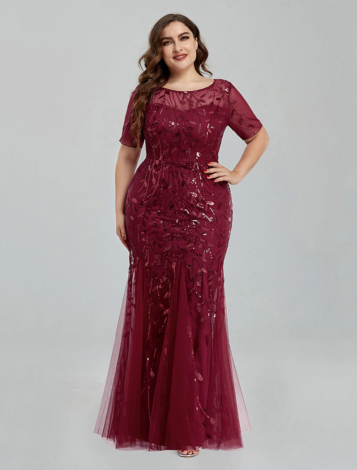 Mermaid / Trumpet Evening Gown Empire Dress Homecoming Floor Length Short Sleeve Jewel Neck Tulle Plus Size