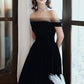 Cute Velvet A-Line Tea Length Prom Dresses Black Party Dresses Off Shoulder