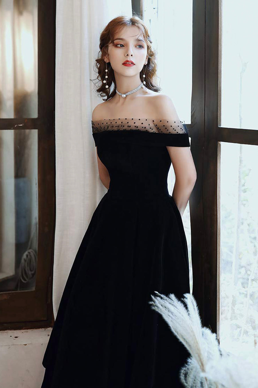 Cute Velvet A-Line Tea Length Prom Dresses Black Party Dresses Off Shoulder