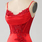 Red Mermaid Spaghetti Straps Satin Beaded Prom Dress with Slit Sexy Evening Dresses