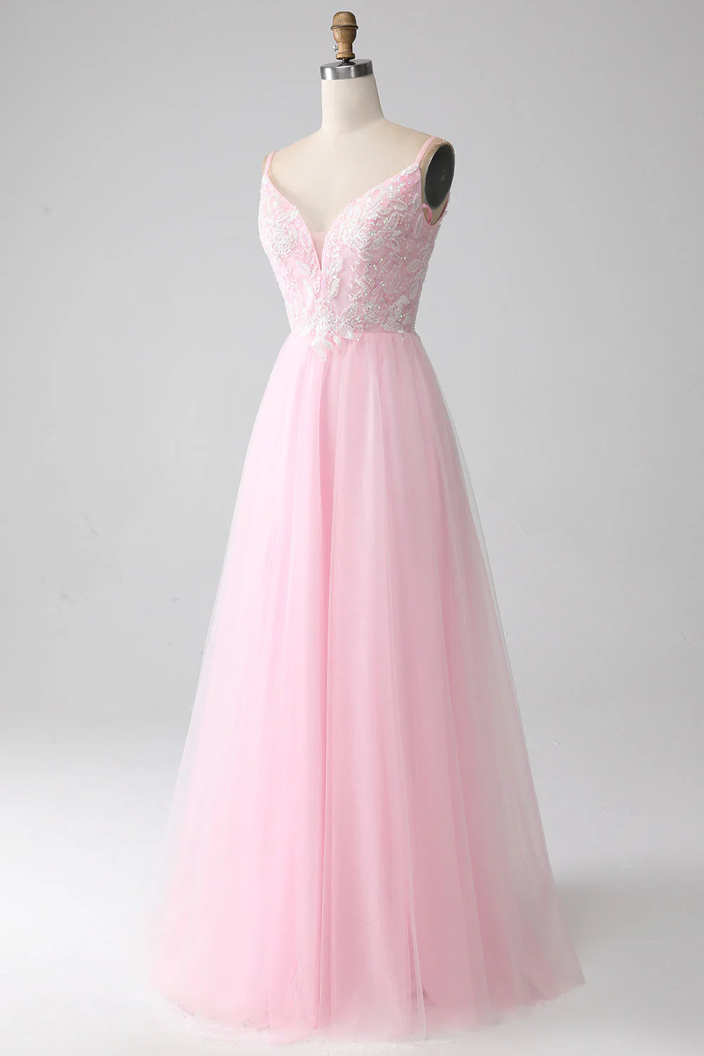 A-Line Spaghetti Straps Prom Dress with Beading V-neck Long