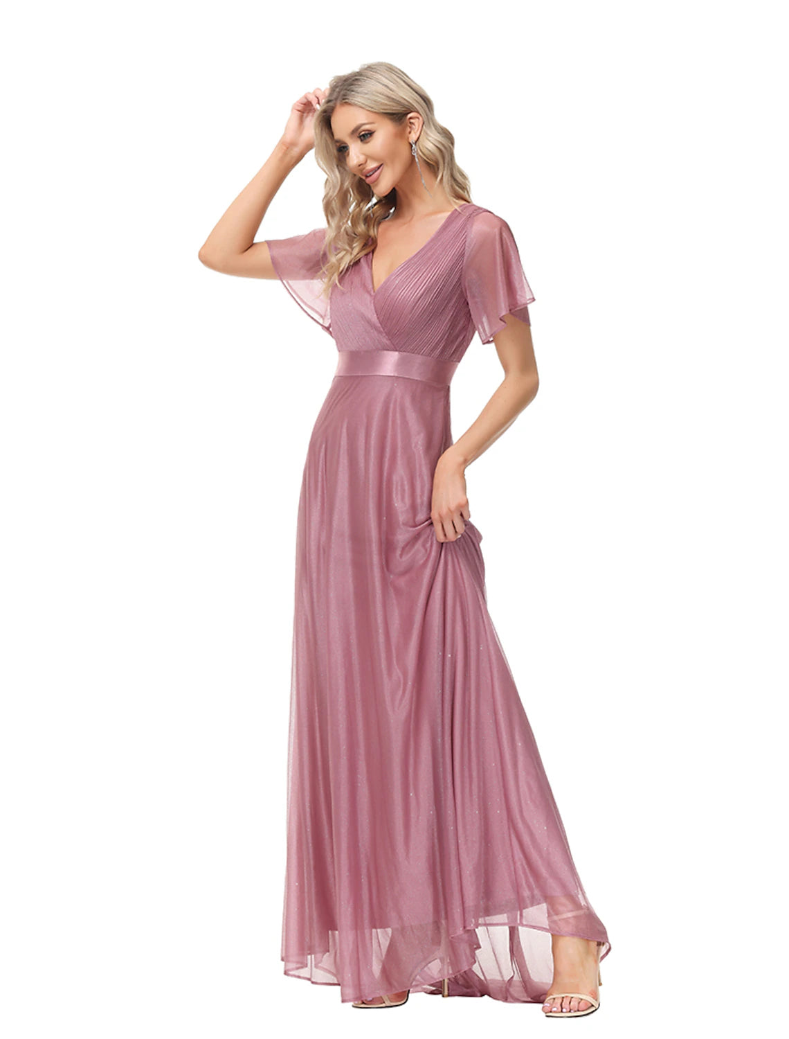 A-Line Evening Gown Empire Dress Wedding Guest Floor Length Short Sleeve V Neck Tulle with Ruched