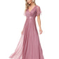 A-Line Evening Gown Empire Dress Wedding Guest Floor Length Short Sleeve V Neck Tulle with Ruched