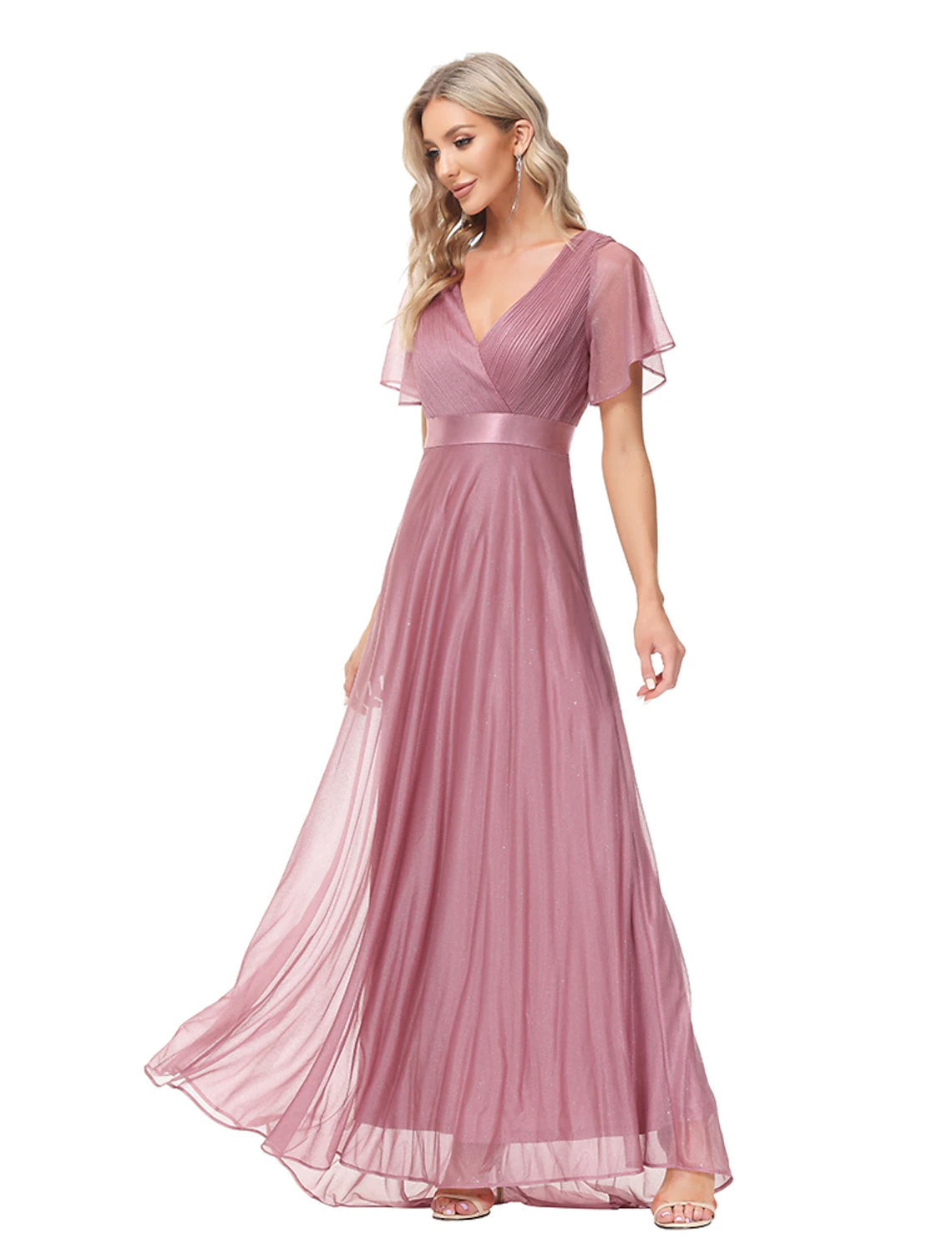 A-Line Evening Gown Empire Dress Wedding Guest Floor Length Short Sleeve V Neck Tulle with Ruched