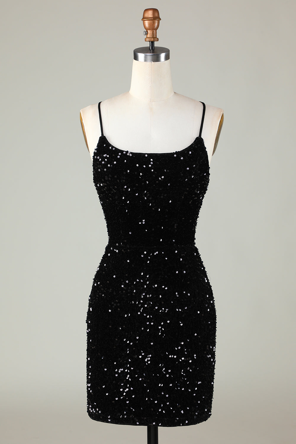 Sexy Black Sheath Spaghetti Straps Criss Cross Back Homecoming Dress With Sequins Sparkly 