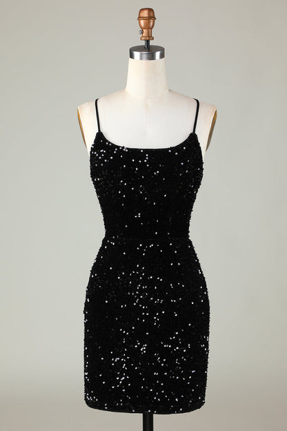 Sexy Black Sheath Spaghetti Straps Criss Cross Back Homecoming Dress With Sequins Sparkly 