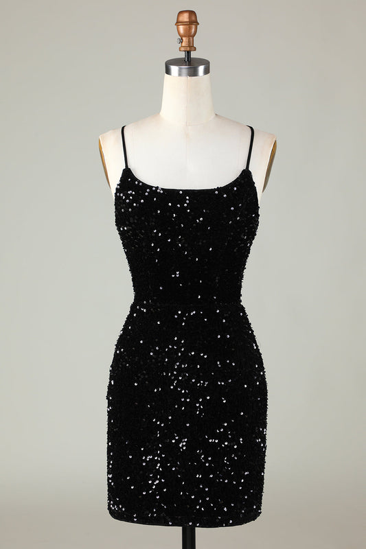 Sexy Black Sheath Spaghetti Straps Criss Cross Back Homecoming Dress With Sequins Sparkly 