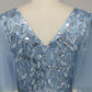Blue A Line V Neck Tulle Embroidered Leaves Prom Dress Sexy Evening Dresses
