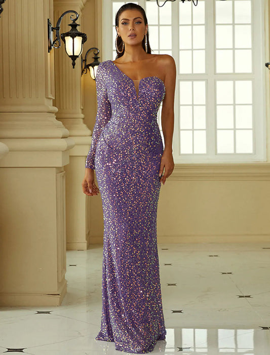 Mermaid / Trumpet Evening Gown Sexy Dress Formal Floor Length Long Sleeve One Shoulder Polyester