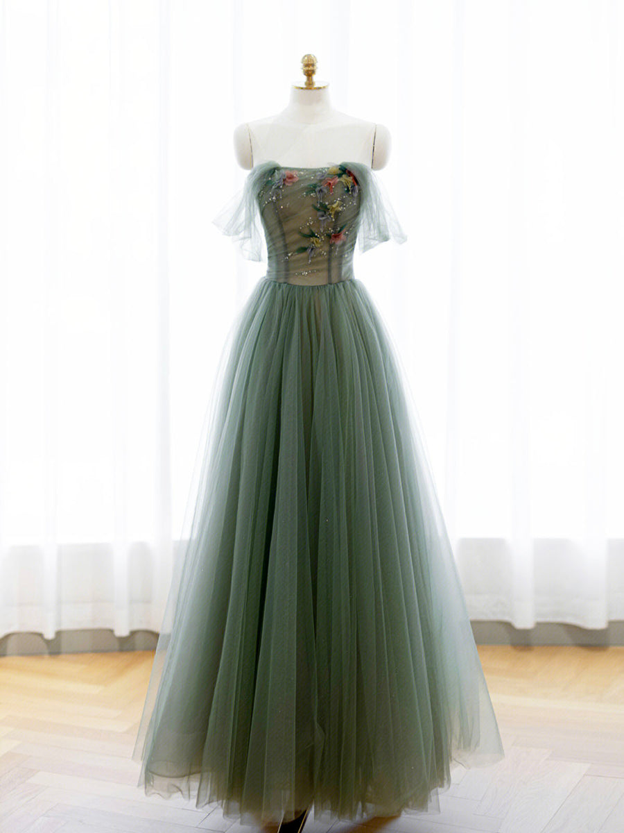 A-Line Green Tulle Long Prom Dress Off the Shoulder Evening Party Dress Sexy