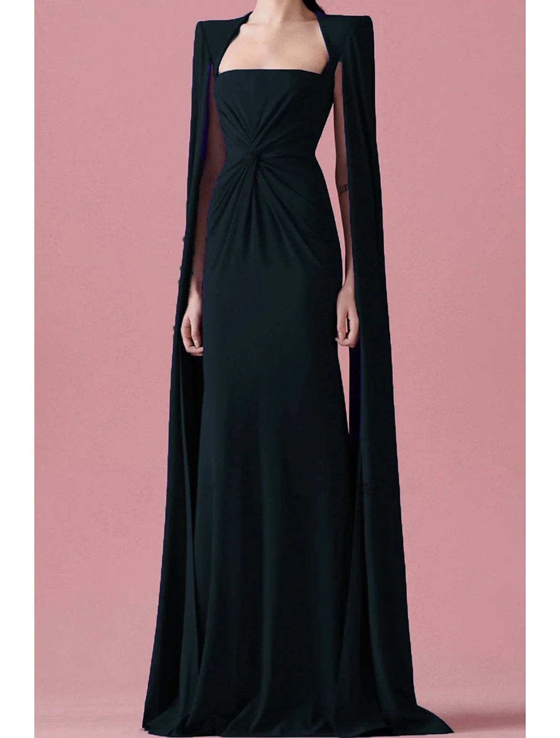 A-Line Evening Gown Elegant Cape Dress Sweep / Brush Train Sleeveless Square Neck Formal Wedding Guest Dress