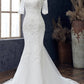 White Appliques Jewel Half Sleeve Mermaid Wedding Dress Long