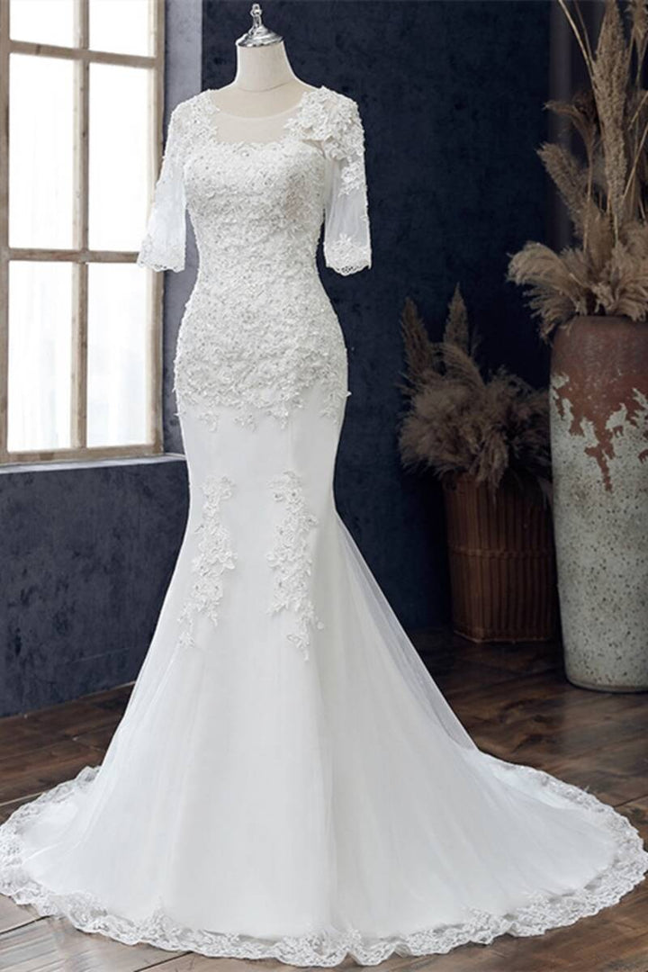 White Appliques Jewel Half Sleeve Mermaid Wedding Dress Long