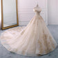 Champagne Embroidered Off-the-Shoulder Wedding Dress Long Beautiful