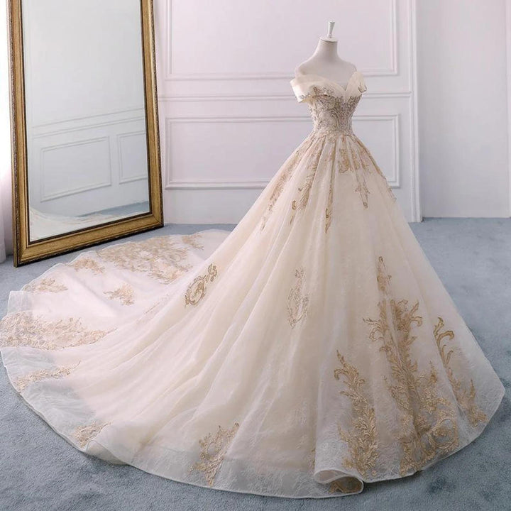 Champagne Embroidered Off-the-Shoulder Wedding Dress Long Beautiful