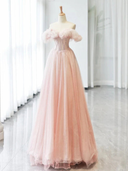 A-Line Sweetheart Neck Off Shoulder Tulle Long Prom Dress Pink