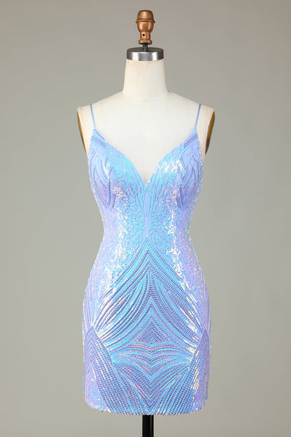 Sparkly Blue Sheath Spaghetti Straps Backless Sequins Short Homecoming Dress Sexy