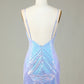 Sparkly Blue Sheath Spaghetti Straps Backless Sequins Short Homecoming Dress Sexy