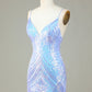 Sparkly Blue Sheath Spaghetti Straps Backless Sequins Short Homecoming Dress Sexy