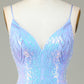 Sparkly Blue Sheath Spaghetti Straps Backless Sequins Short Homecoming Dress Sexy
