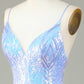 Sparkly Blue Sheath Spaghetti Straps Backless Sequins Short Homecoming Dress Sexy