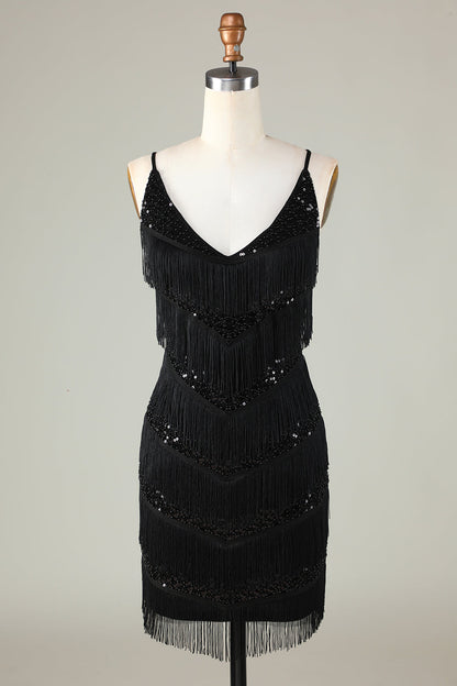 Sparkly Black Sequins Beaded Tight Short Homecoming Dress with Fringes Sexy