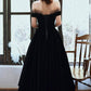 Cute Velvet A-Line Tea Length Prom Dresses Black Party Dresses Off Shoulder