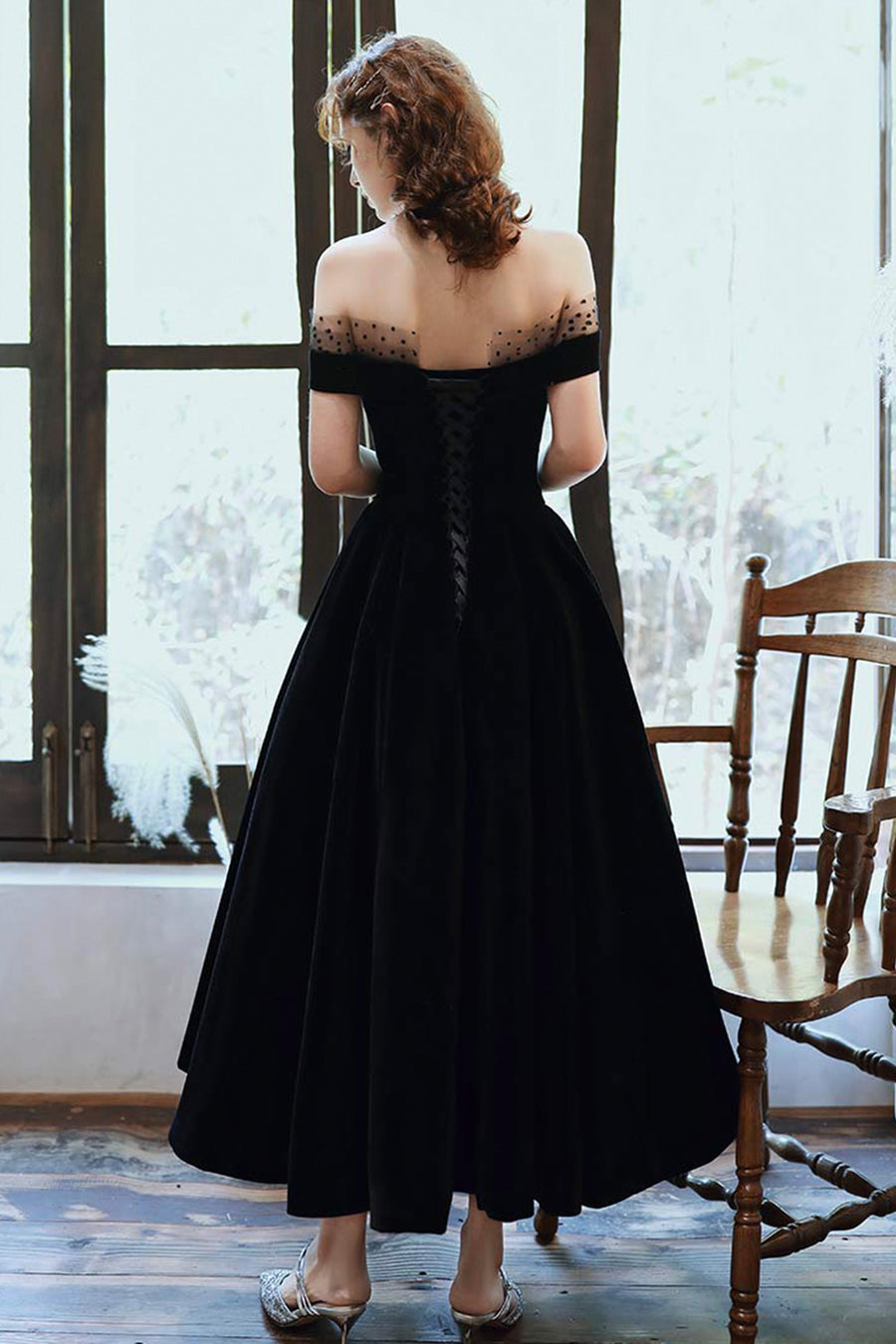 Cute Velvet A-Line Tea Length Prom Dresses Black Party Dresses Off Shoulder