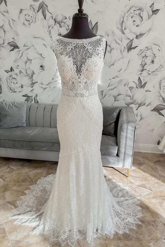 White Lace Open Back Mermaid Long Wedding Dress Beautiful