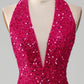 Mermaid Halter Sequin Prom Dress With Slit V-neck Sexy Sparkly 