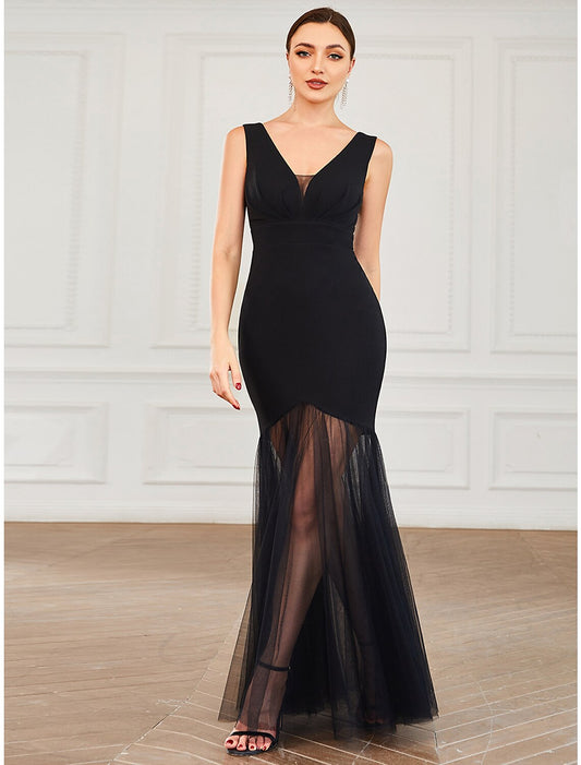 Mermaid / Trumpet Evening Gown Elegant Dress Wedding Guest Floor Length Sleeveless V Neck Tulle V Back with Draping