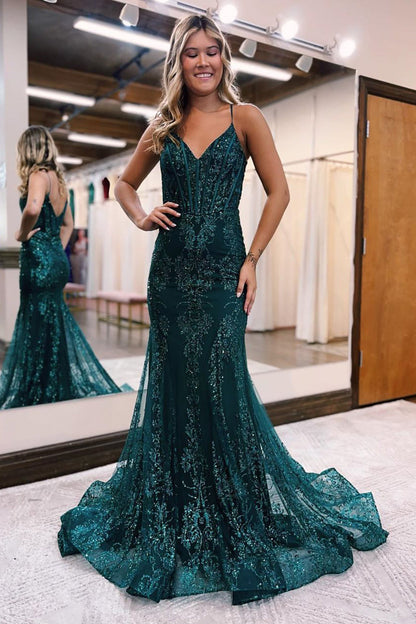 Sparkly Dark Green Mermaid Sequin Long Prom Dress Sexy