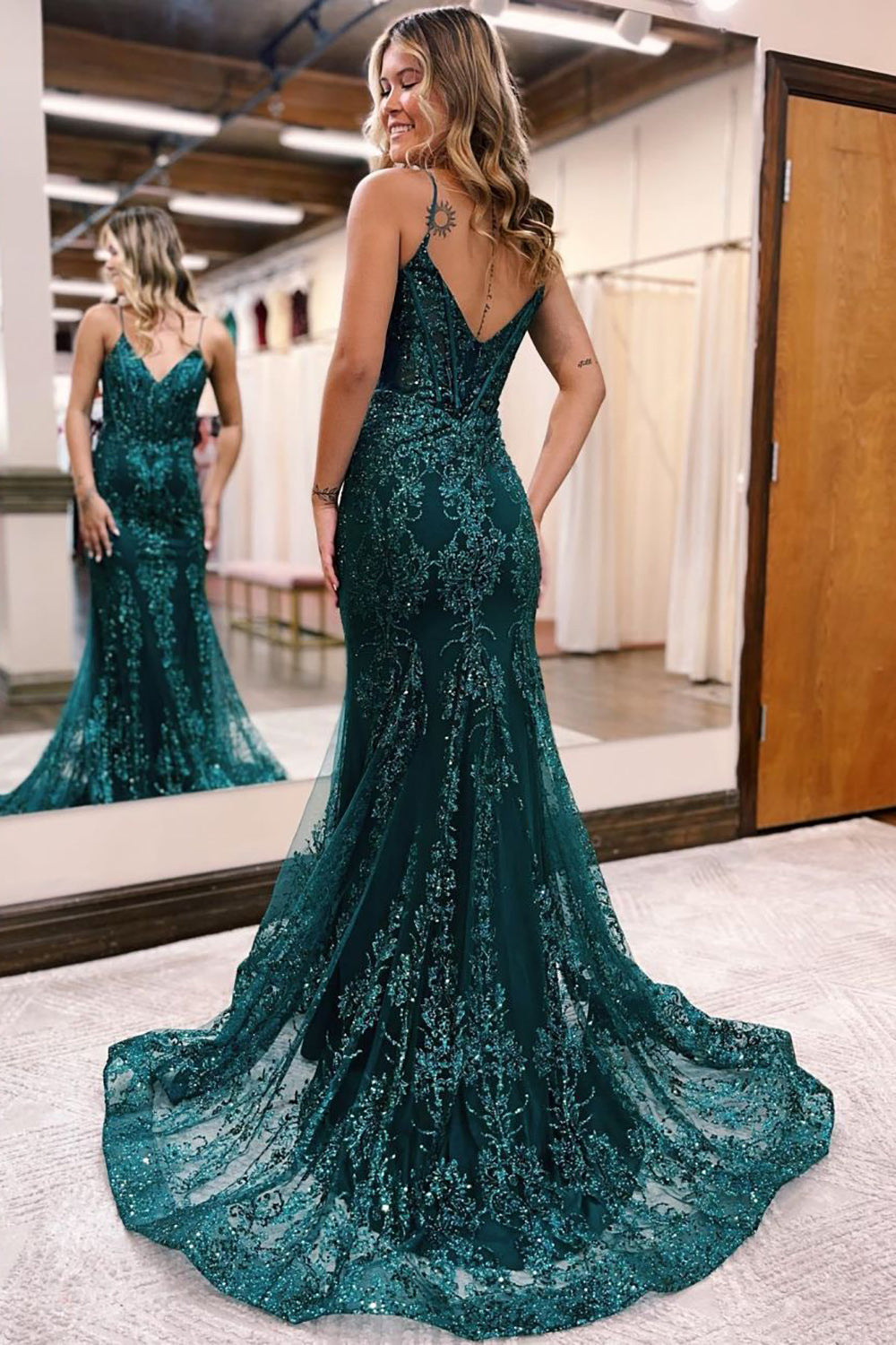 Sparkly Dark Green Mermaid Sequin Long Prom Dress Sexy