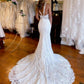 Mermaid Straps Train Lace Wedding Dress With Split V-neck Sexy Long