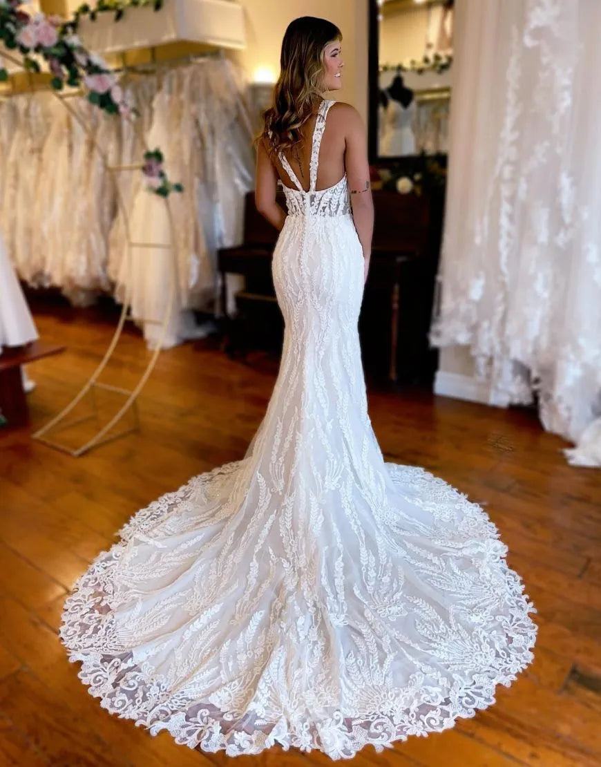Mermaid Straps Train Lace Wedding Dress With Split V-neck Sexy Long